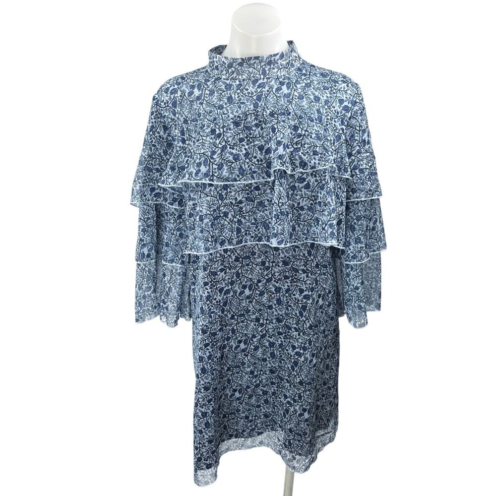 Catherine Malandrino Blue Floral Tiered Mock Neck Long Sleeve Mini Dress Size 10